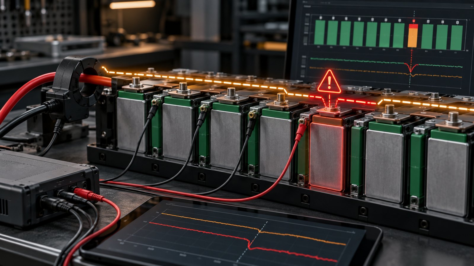 Batteriezellen mit Strommessung und erkannter Zellabweichung